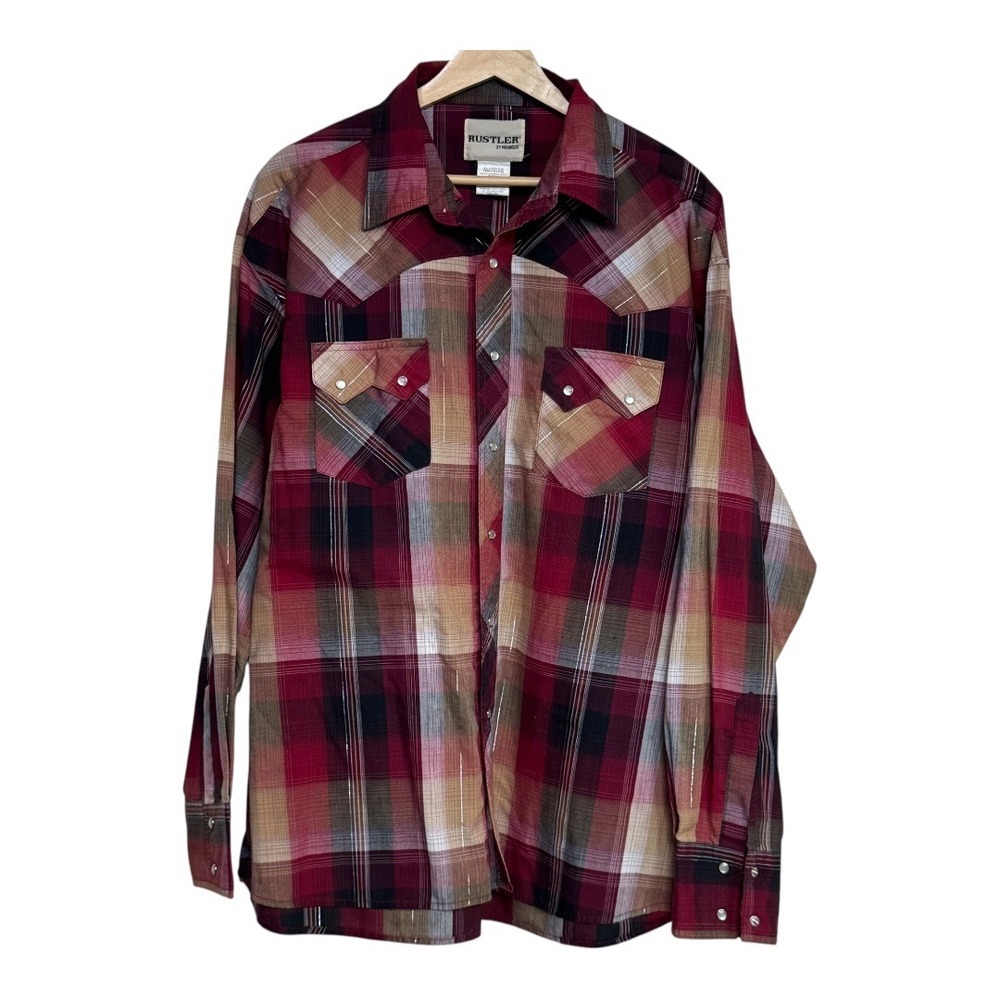 Rustler by Wrangler Mens XL Plaid‎ Western Snap Button Long Sleeve Shirt Red